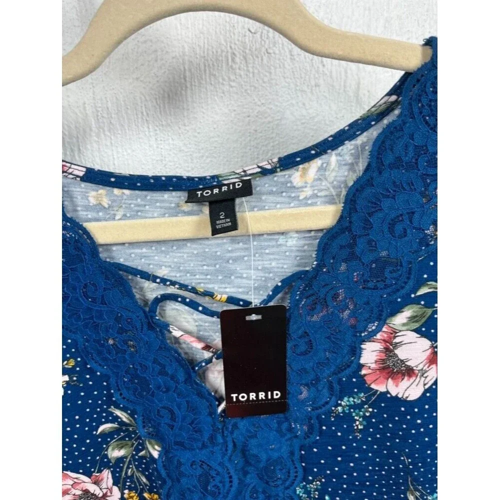 TORRID WOMENS 2X FLORAL PRINT LACE NECKLINE WAIST LONG SLEEVE TOP NEW
